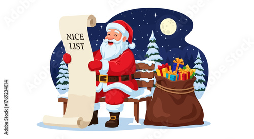Santa Claus on Bench with Long Nice List Illustration