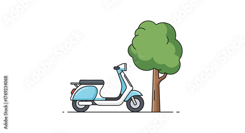 A light blue retro scooter is parked next to a green tree on a white background.