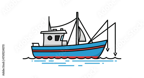 A fishing boat with its nets deployed in the water.