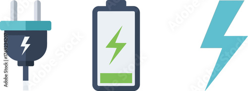 Electrical plug, battery, and lightning bolt icons symbolize power and energy.