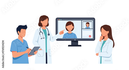 Doctors consult with a patient via video call for remote medical care.