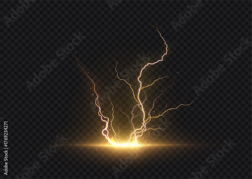 A bright yellow vector lightning bolt with branching arcs and a vibrant glow for a dark background. An energetic effect for overlays, visuals, and sci-fi-themed interfaces.