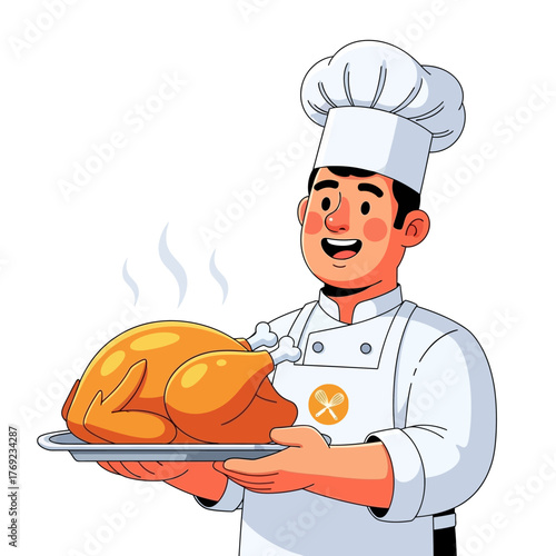 Cartoon chef holding a roasted chicken on a silver platter ready to serve