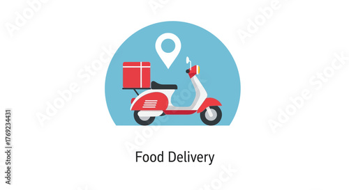 A red and white scooter with a red delivery box on the back is shown with a map pin above it.