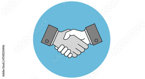 Two hands shake in agreement over a blue background.