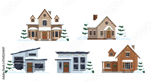 Vector illustration set of various residential buildings with snow and festive Christmas decor on a white background