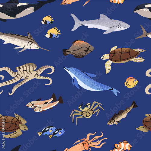 Repeatable pattern of different sea animals- fish, sharks, turtles, crabs, dolphins. Endless background of undersea life, ocean fauna, various underwater creatures. Flat seamless vector illustration