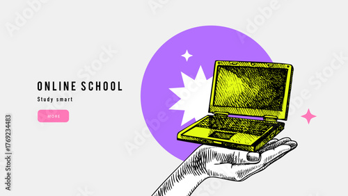 Collage sketch laptop on hand. Distance education, online learning, e-learning, university, college, school, language school concept. Hand drawn vector illustration.
