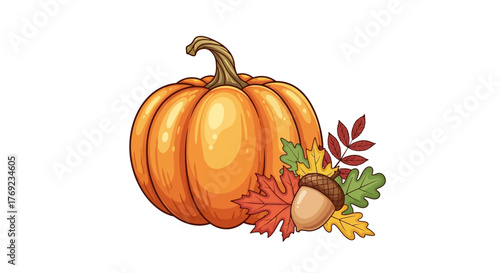 A vibrant orange pumpkin sits beside colorful autumn leaves and a single acorn, symbolizing the fall season.