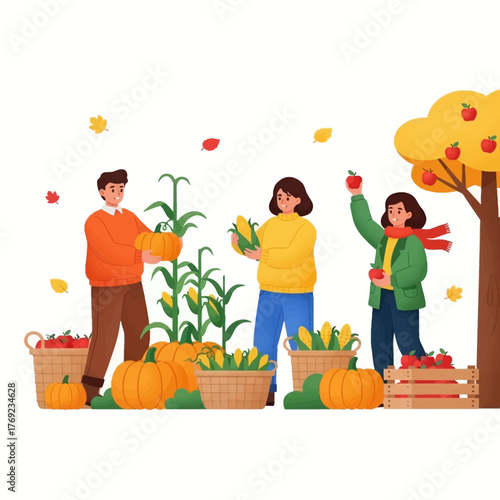 Three people harvesting pumpkins, corn, and apples during a colorful autumn season.