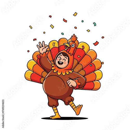 A person in a turkey costume dances joyfully as confetti falls, celebrating Thanksgiving with a cheerful expression.