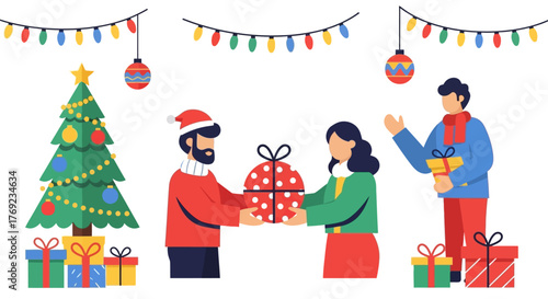 Happy friends exchanging festive gifts by a decorated Christmas tree in a cozy holiday celebration vector illustration