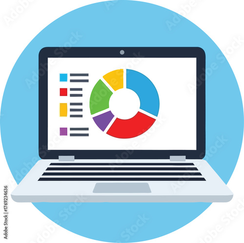 A laptop displays a pie chart and bar graph on its screen, representing data analysis.
