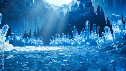 Enchanting Blue Ice Cave with Shimmering Light and Frozen Formations.