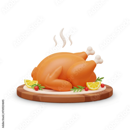 Delicious 3D rendered roasted turkey, steaming hot and garnished with cranberries and rosemary, perfect for Thanksgiving or Christmas holiday celebrations and festive family meals