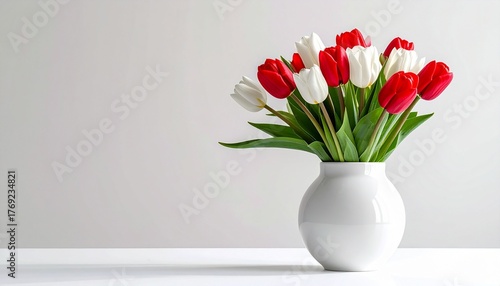 Wallpaper Mural White ceramic vase with red and white tulips on smooth surface—soft shadows and serene natural light. Torontodigital.ca