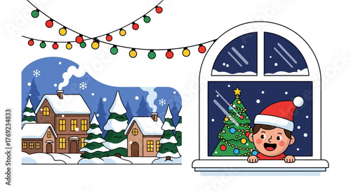 Christmas Window A Festive Scene with a Child and Winter Landscape - Holiday Illustration