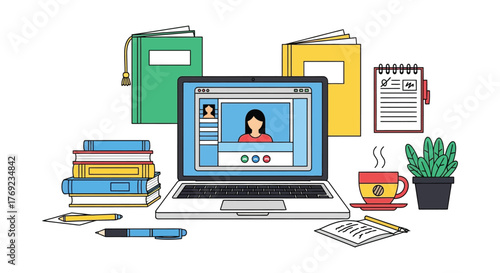 Laptop displays a video call with books, coffee, and a plant nearby.