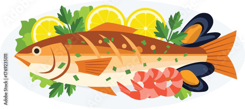 A plate of cooked fish, shrimp, mussels, lemons, and parsley.