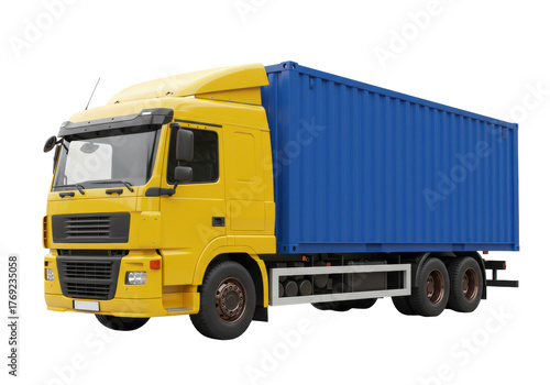 Isolated large yellow and blue truck with a container for the transport of goods