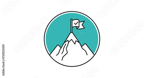 A flag with a checkmark stands on the peak of a mountain inside a circle.
