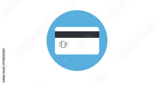 A white credit card with a magnetic stripe and chip is shown on a blue circle background.