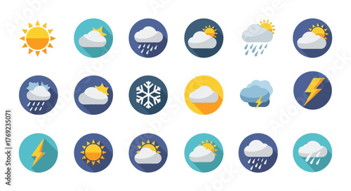 A collection of circular weather icons showing sun, clouds, rain, and lightning.