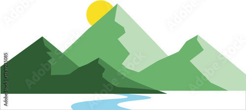 A stylized depiction of green mountains and a river under a yellow sun.