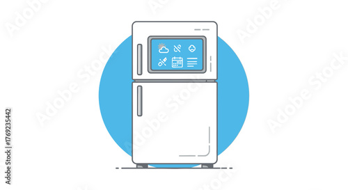 Modern smart refrigerator with touchscreen display showing weather and icons