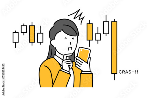 スマホを見て株価が暴落している状況に驚く若い女性