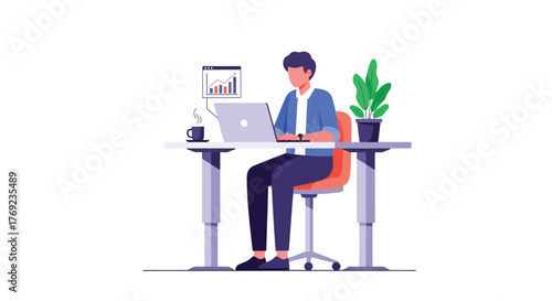 Young man focused on laptop at a modern desk with a plant and coffee, working from home or office.