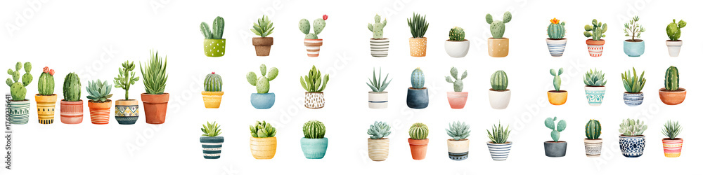 Fototapeta premium Diverse Collection of Watercolor Cacti and Succulents in Pots