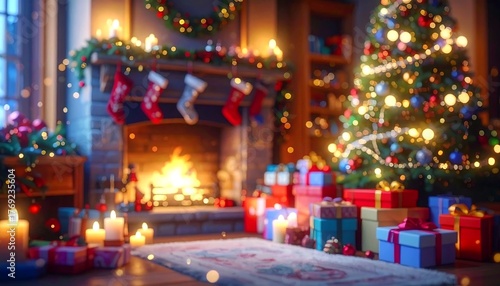 Wallpaper Mural Cozy Christmas Scene: Fireplace, Tree, Gifts, Warm Lighting, Festive Atmosphere. Torontodigital.ca