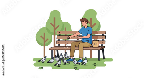 Man kindly feeding pigeons from a bench in a sunny park surrounded by trees