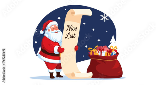 Festive illustration of a cheerful Santa Claus character checking his long scroll Nice List next to a sack full of Christmas presents