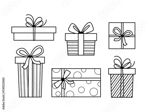 A set of outline style gift boxes with ribbons and bows in various shapes and patterns. Perfect for coloring books, Christmas cards, packaging designs, stickers, and holiday templates.