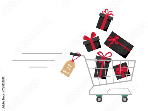 Shopping cart filled with black gift boxes tied with red ribbons. Perfect for Black Friday, Christmas sale, online shopping, discounts, and holiday marketing design.