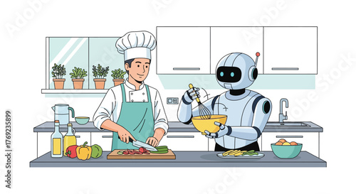 Chef and robot collaborate in a modern kitchen, preparing food together with fresh ingredients.