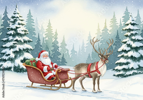 Festive watercolor illustration of Santa Claus and his reindeer in a snowy winter landscape. 