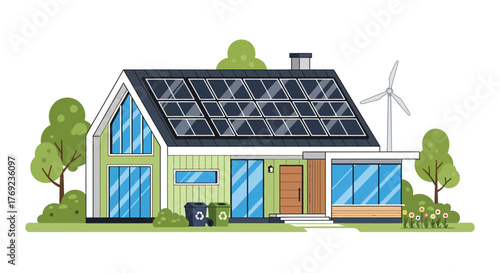 Modern eco-friendly house powered by solar panels and wind turbine for sustainable living.