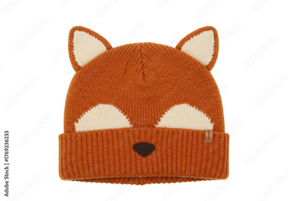 Obraz premium Isolated knitted fox hat, stylish headwear for fall and winter warmth, kids clothing item