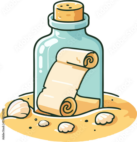 Message in a Bottle Vector – Cute Cartoon Glass Bottle with Scroll and Seashells on Sand Minimalist Illustration