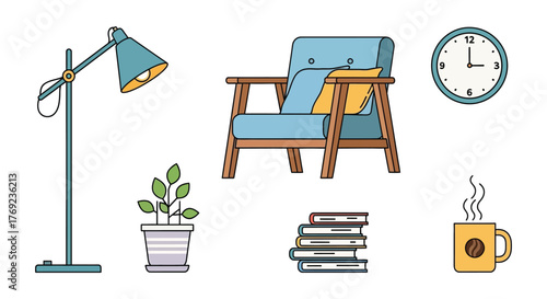 Cozy corner with armchair, lamp, plant, books, and coffee, creating a relaxing home atmosphere.