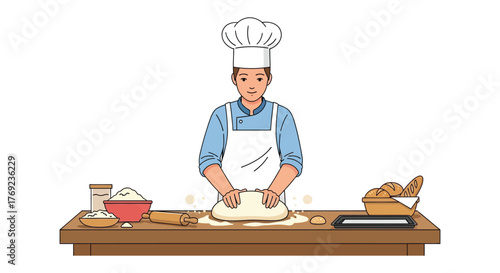 Skilled baker expertly kneading dough on a wooden counter, surrounded by ingredients and fresh bread.