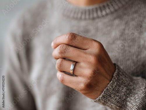 Asian Man's Hand Close-Up Wearing Diamond Wedding Ring, Gray Sweater, Happy Commitment.