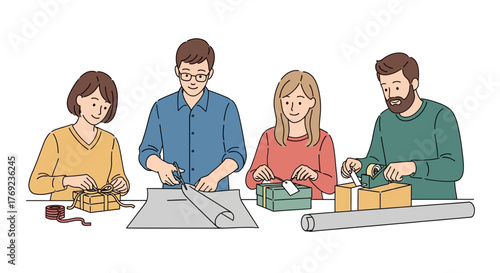 People Wrapping Gifts Together for Christmas, New Year Celebration