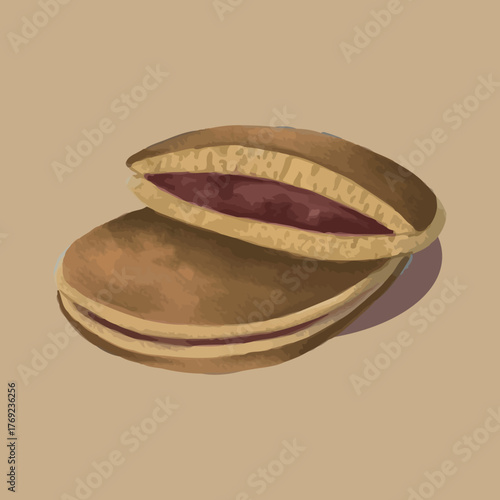 Hand-painted illustration of Dorayaki, a traditional Japanese pancake filled with red bean paste. Soft watercolor texture, perfect for dessert menus, Asian food blogs, packaging, and design projects.