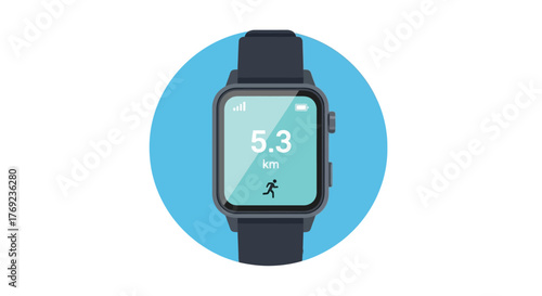 Smartwatch displays distance and running icon, symbolizing fitness tracking and activity.
