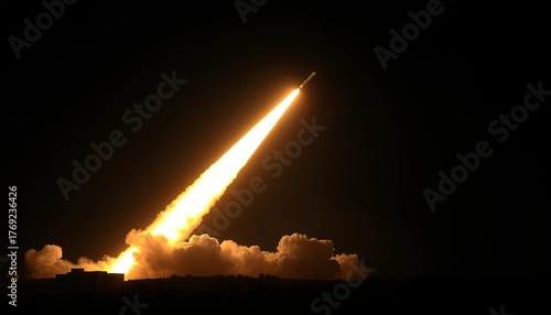 Dramatic nighttime launch of a ballistic missile, fiery trail against dark sky,  smoke,  plume