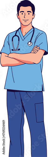 Friendly male doctor with stethoscope and arms crossed, ready to help.